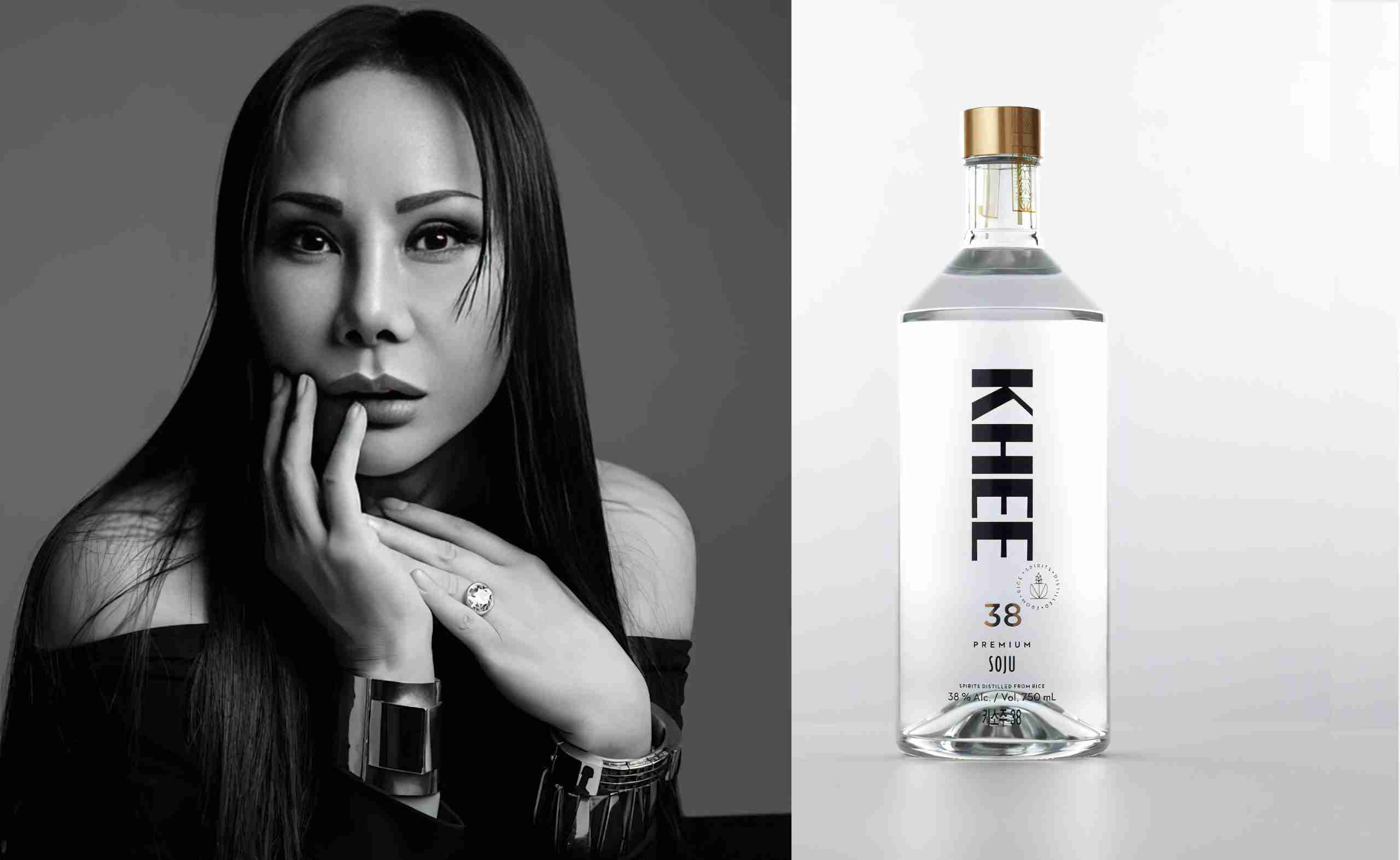 The image is a split composition with a monochrome portrait of a woman on the left and a clear bottle of KHEE vodka on the right.