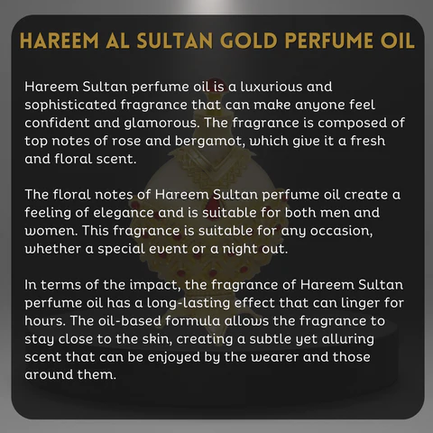 The image shows a description of Hareem Sultan Gold perfume oil, highlighting its luxurious scent with rose and bergamot notes.