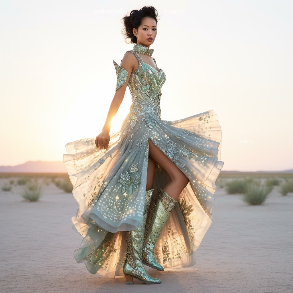 A woman in a sparkling, elaborate dress and boots poses in a desert at sunset.