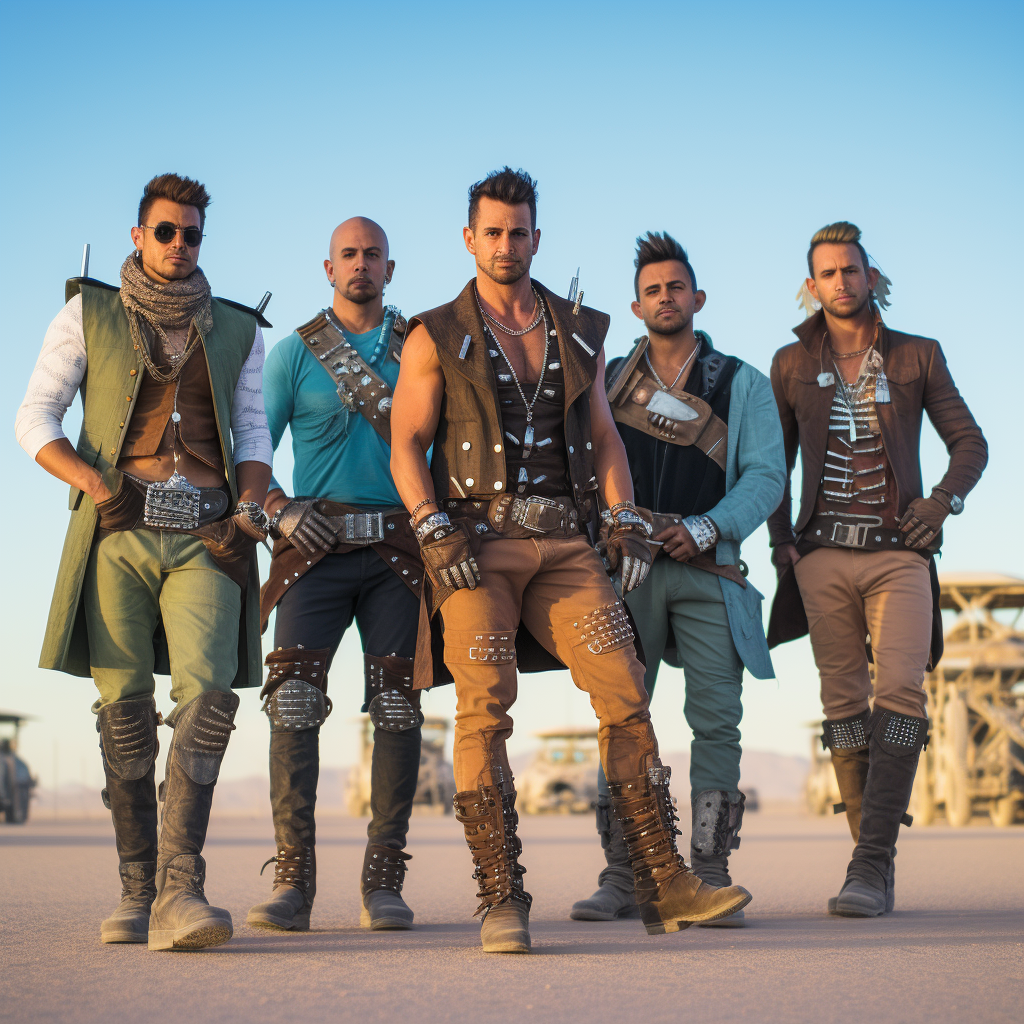 Five men stand confidently in a desert, dressed in edgy, post-apocalyptic style outfits with leather accents and boots.