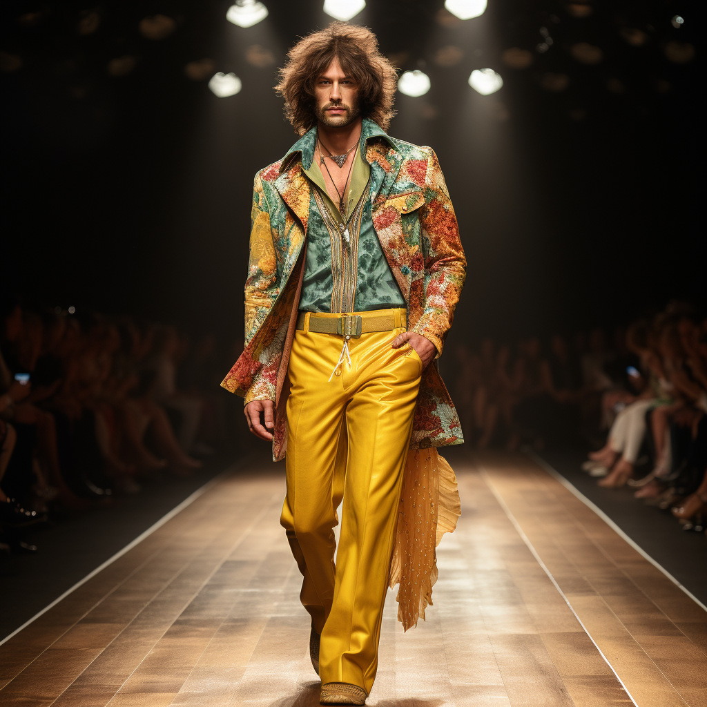 A male model is walking down a fashion runway wearing a colorful jacket, yellow pants, and a green shirt.