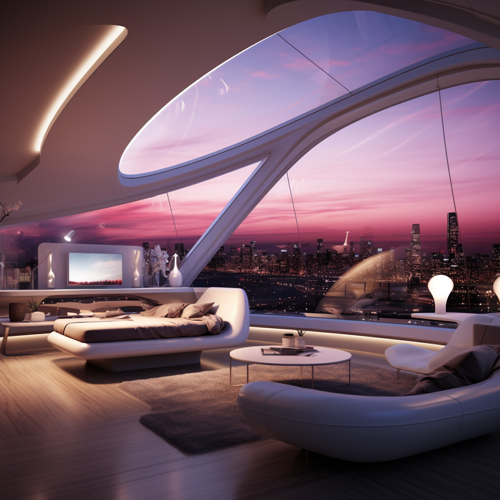 The image shows a futuristic living room with sleek furniture and large windows overlooking a city skyline at sunset.