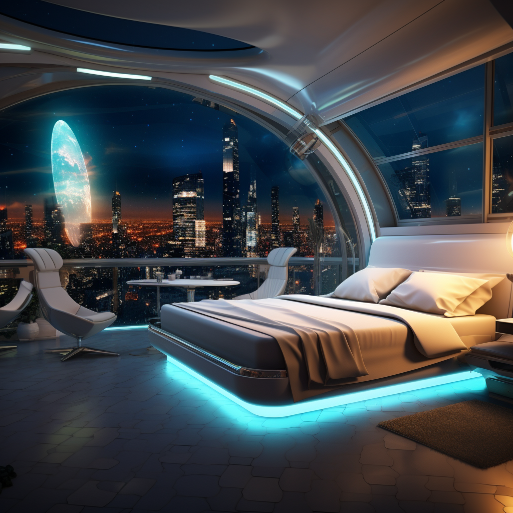 A futuristic bedroom with a large panoramic window overlooking a night-time cityscape, featuring modern furniture and ambient lighting.
