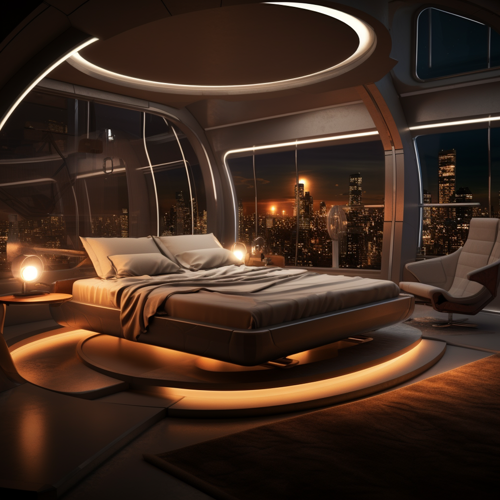 A modern bedroom with a circular bed and futuristic lighting, featuring a cityscape view through large windows at night.