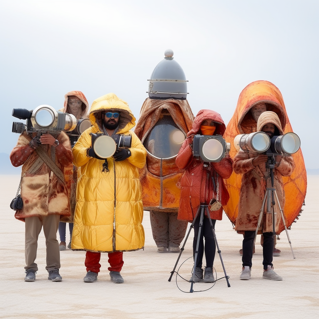 Four people in colorful outdoor gear are standing in a desert-like setting holding large photographic lenses.