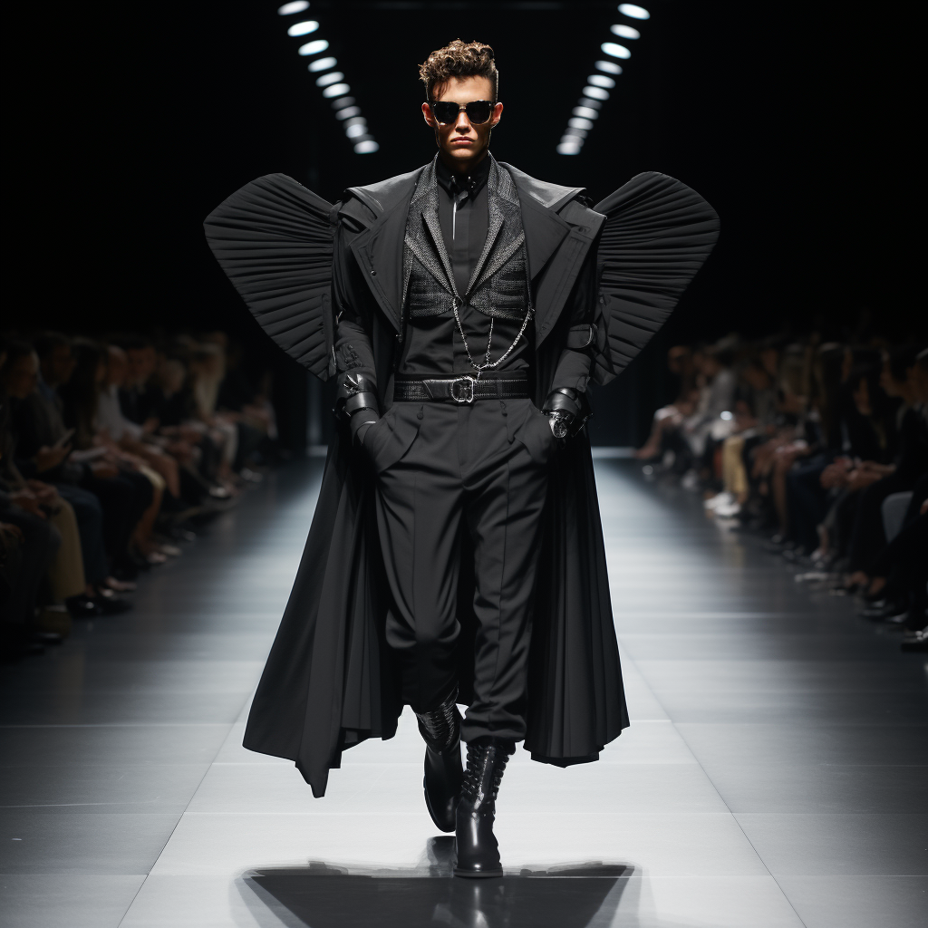 A model walks a fashion runway, showcasing a bold, avant-garde outfit with pronounced shoulders and sleek accessories, amidst an audience either side.
