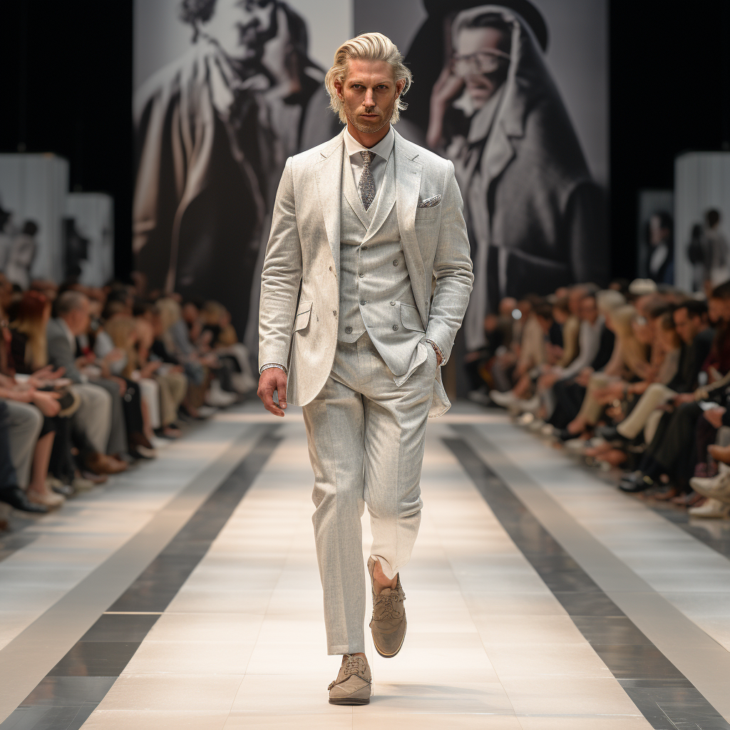 A model is walking down the runway in a fashion show dressed in a stylish suit, surrounded by seated audience members.
