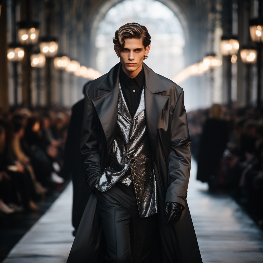 A male model walks on a runway wearing a stylish outfit amidst an audience attending a fashion show.