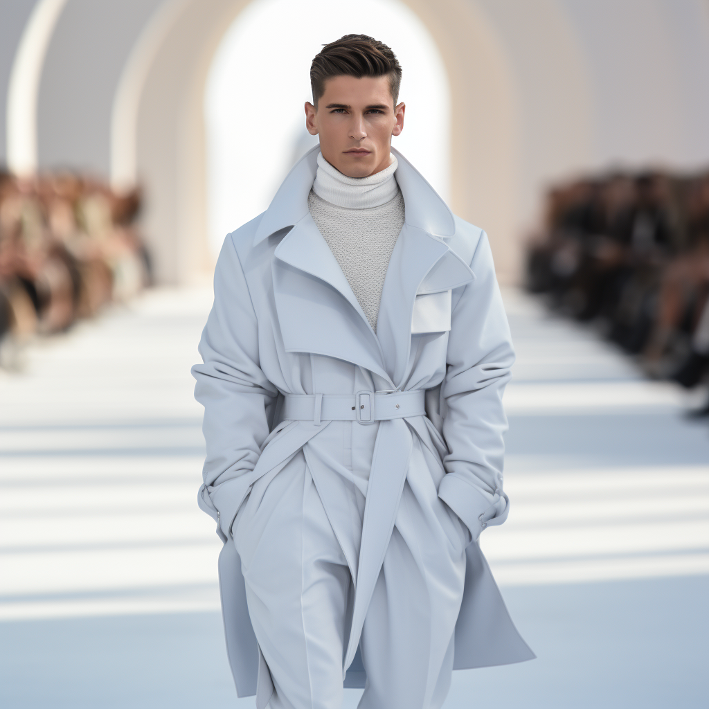 A male model is walking down the runway in a stylish white trench coat and turtleneck at a fashion show.