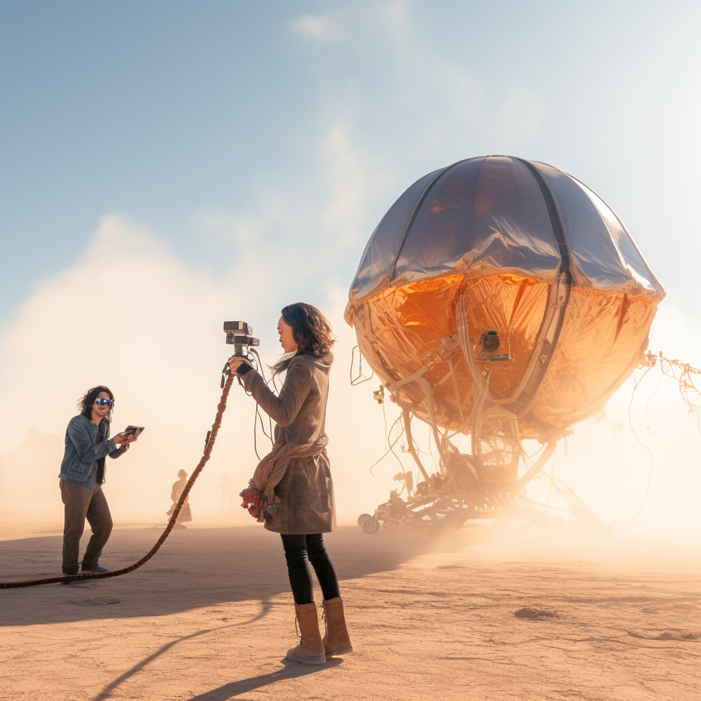 Two people with a camera and a smartphone stand before a large, balloon-like structure in a desert setting with mountains in the background.