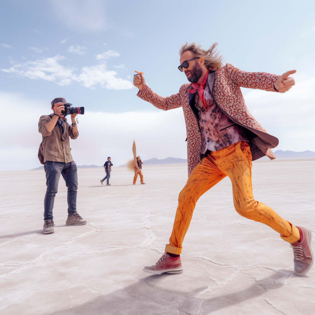 A photographer is capturing an exuberant individual striding forward, with other people in the background on a vast, flat landscape.