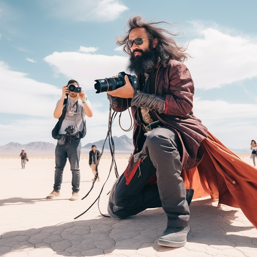 A stylish person with long hair crouching and holding a camera is being photographed by another individual in a desert-like environment.