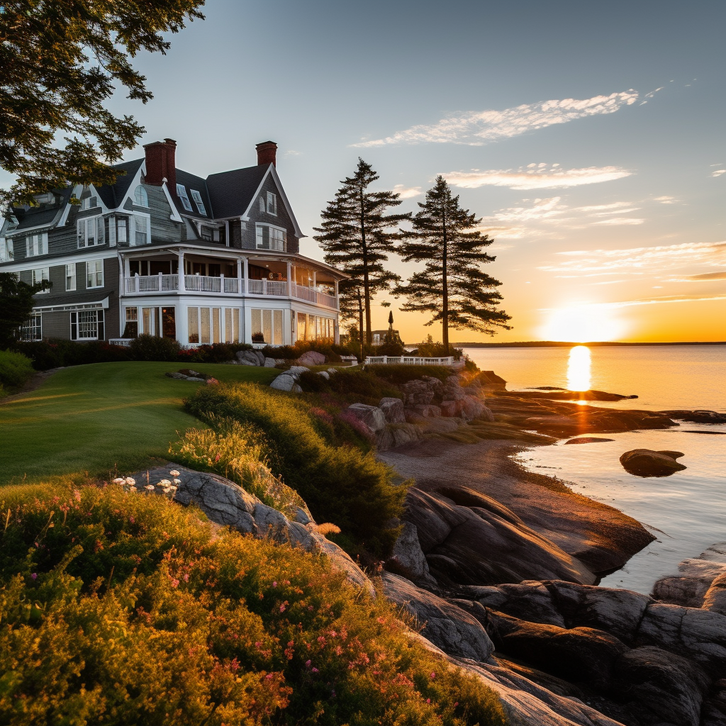 A grand house overlooking a serene sunset by the water with lush greenery in the foreground.