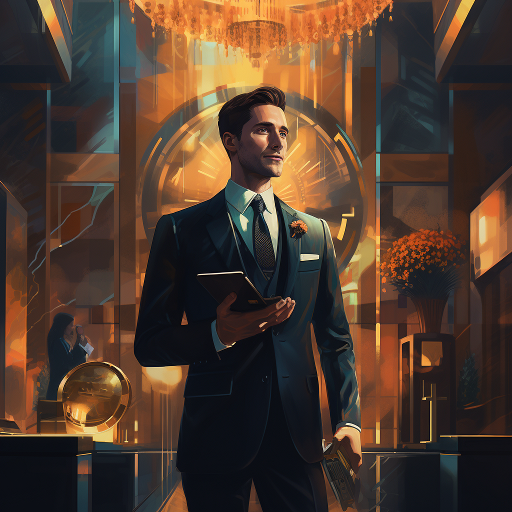 An illustration of a well-dressed man holding a book in a grand, ornately decorated room with a chandelier, evoking a luxurious and sophisticated atmosphere.