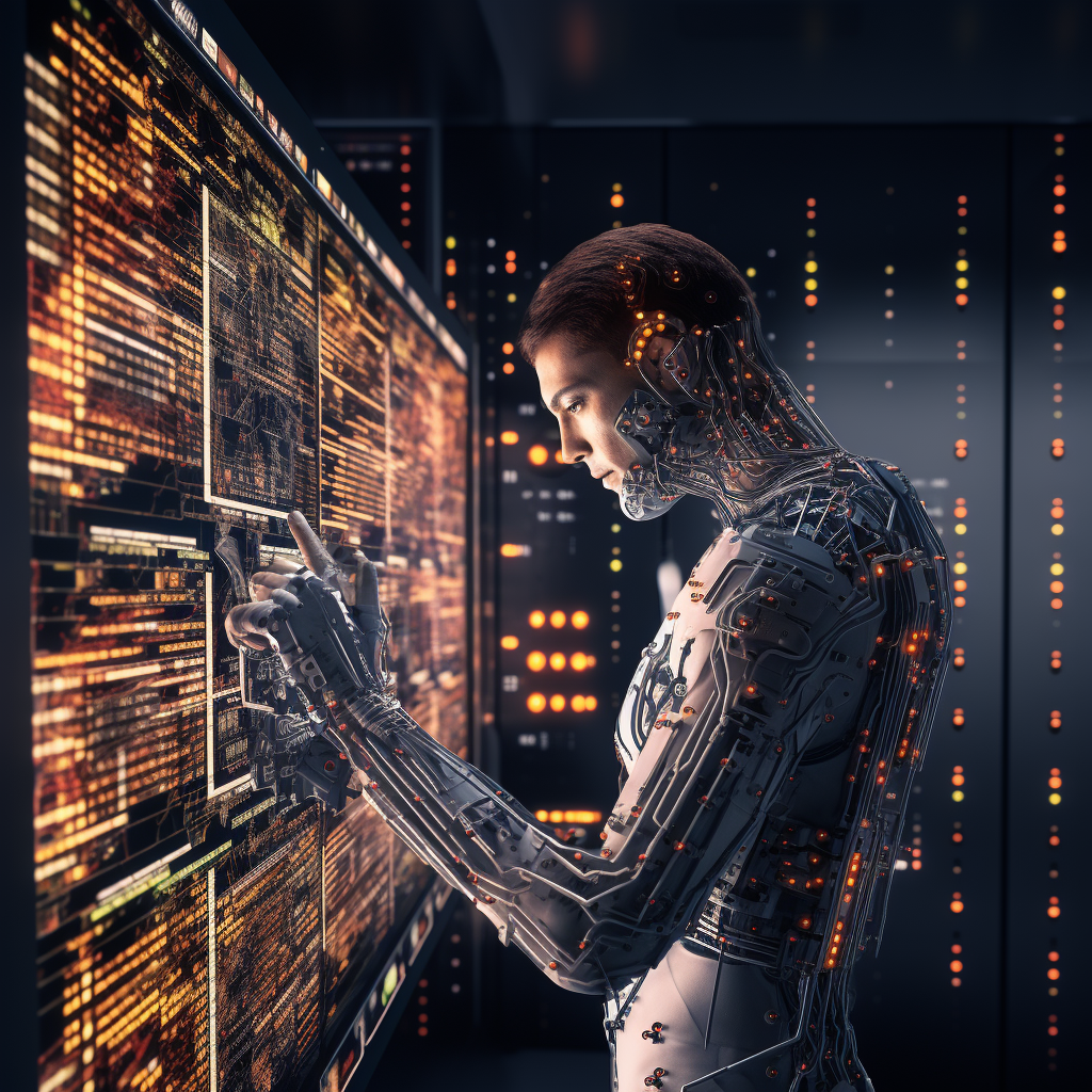 A humanoid robot with intricate circuitry touches a futuristic digital interface with glowing data panels and lights.
