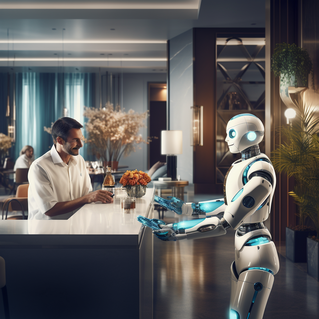 A humanoid robot is serving a drink to a smiling man at a modern, elegant bar counter.