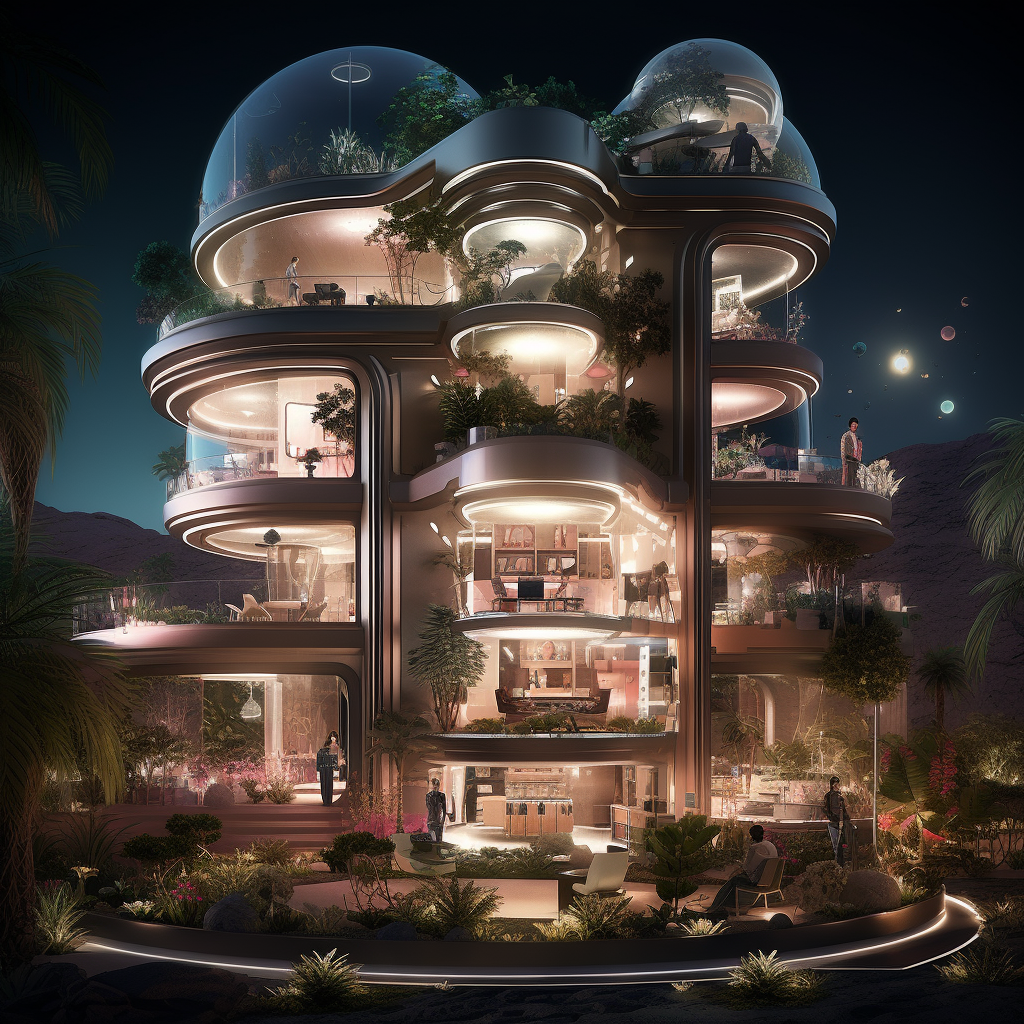 The image shows a futuristic multi-level building with abundant greenery, terraces, and a dome, set against a night sky with a visible lunar phase.