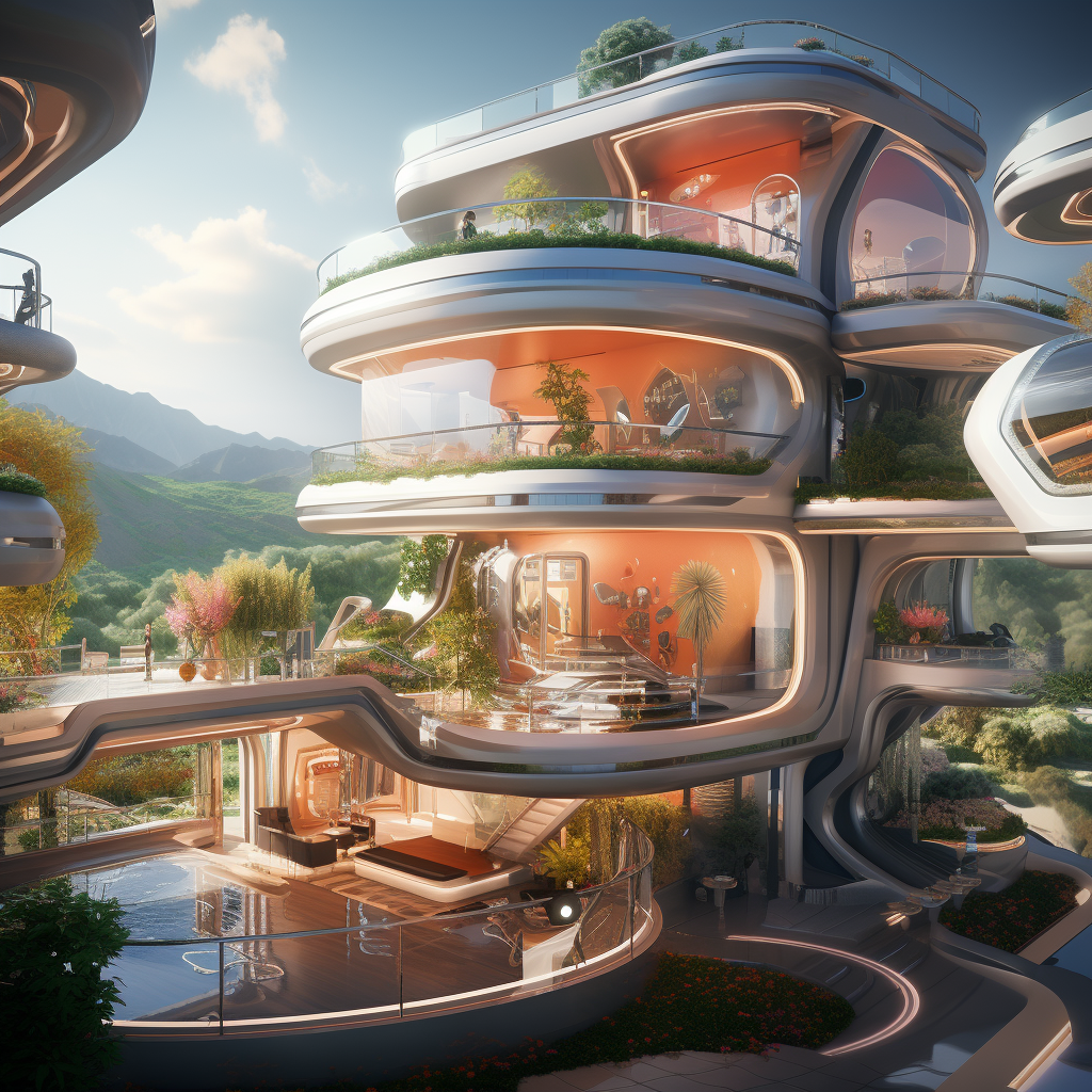 A futuristic multi-level building with terraces and greenery surrounded by a mountainous landscape.