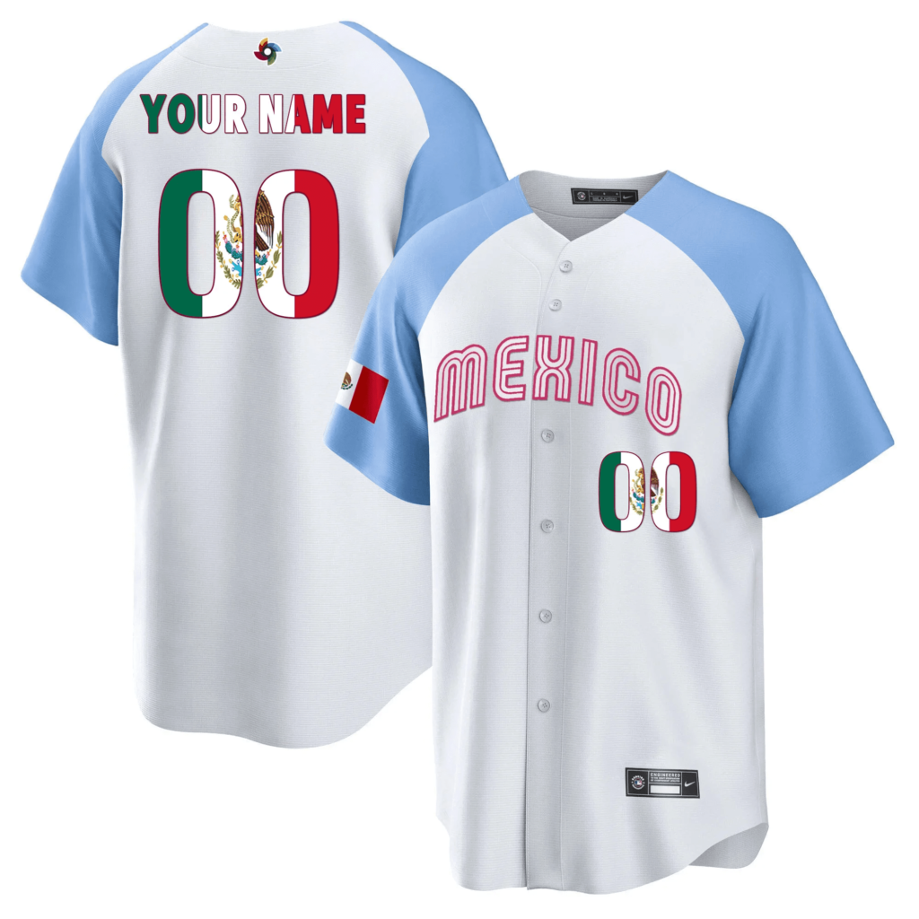 A customizable baseball jersey with  Mexico  written across it and space for a personalized name and number, featuring the colors of the Mexican flag.