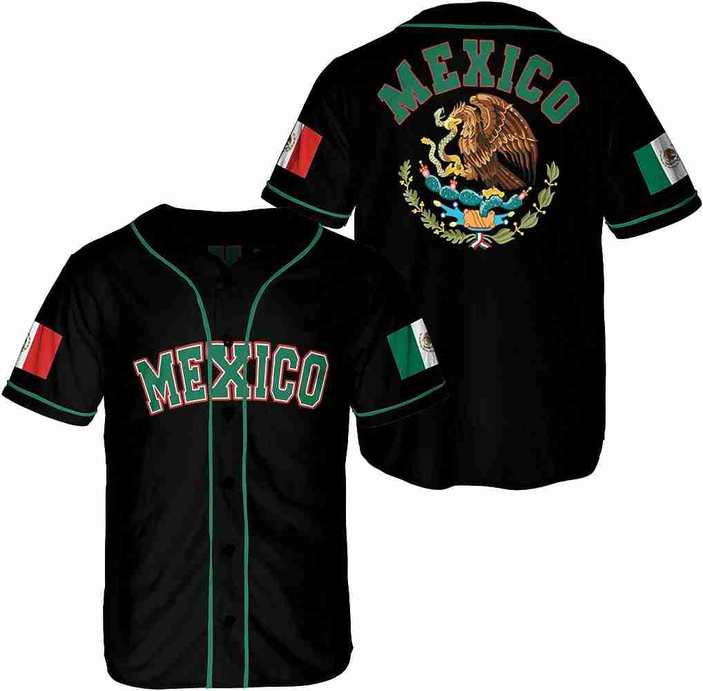A black baseball jersey featuring the word  Mexico,  the Mexican flag colors, and an eagle emblem on the back.