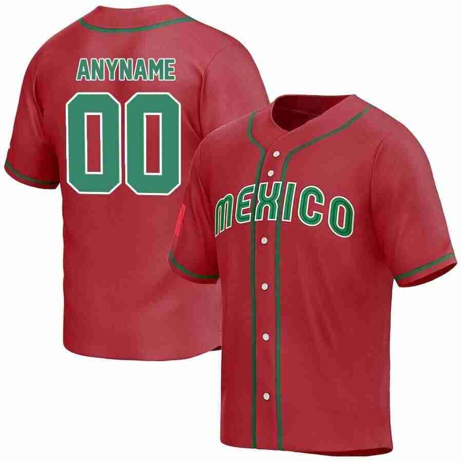 A custom red baseball jersey with  Mexico  written across the front and placeholders for a name and number on the back.