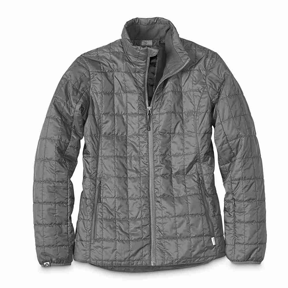 A gray insulated quilted jacket with a zipper on a white background.