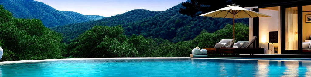 An infinity pool overlooking a lush mountainous landscape with a modern luxury villa to the side under a clear sky.