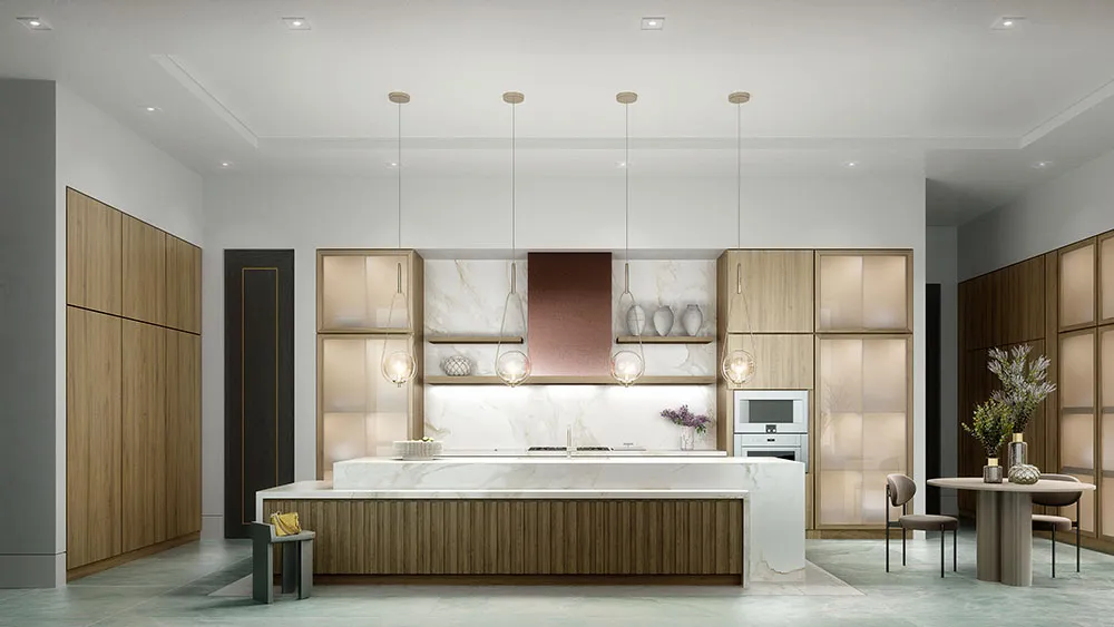 A modern kitchen design featuring wooden cabinets, marble countertops, pendant lights, and integrated appliances.