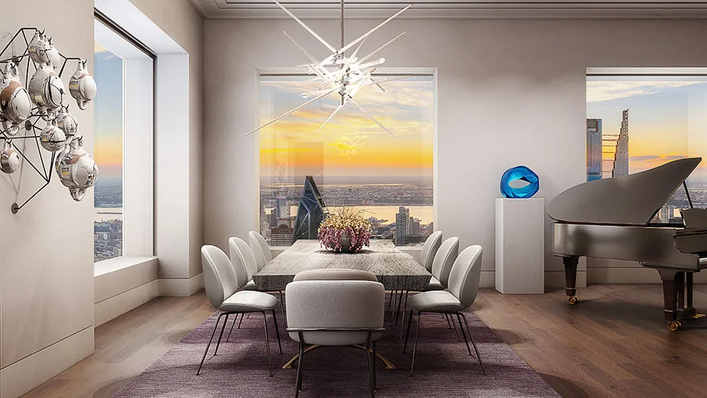 A modern dining room with a grand piano, an artistic chandelier, large windows showcasing a cityscape at sunset, and contemporary art pieces.