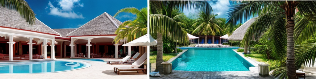 A luxurious tropical resort with a swimming pool, sun loungers, palm trees, and beautiful architecture.