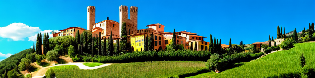 A panoramic view of a picturesque Tuscan landscape with a traditional villa, cypress trees, and rolling hills under a clear blue sky.