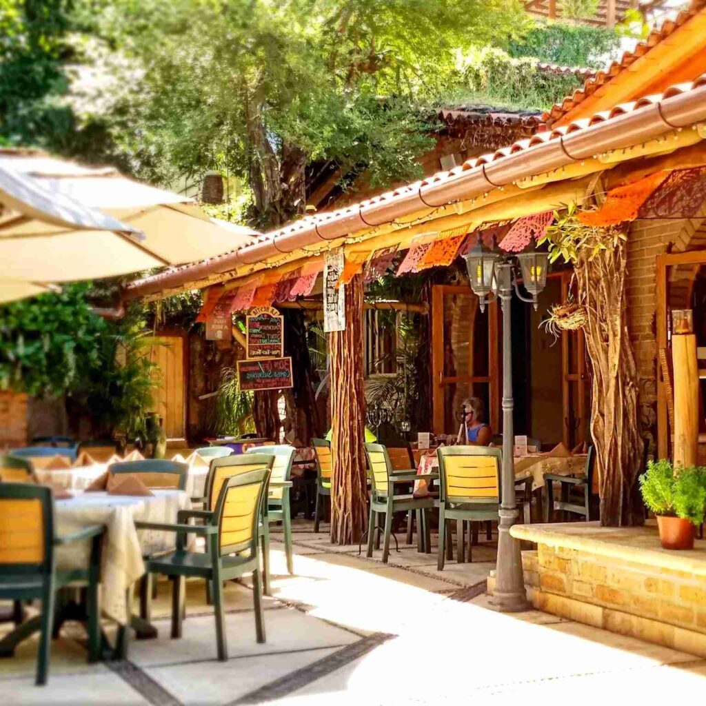 A quaint outdoor café with tables, chairs, and green foliage, under the shade of a rustic building with a relaxed patron enjoying the ambiance.