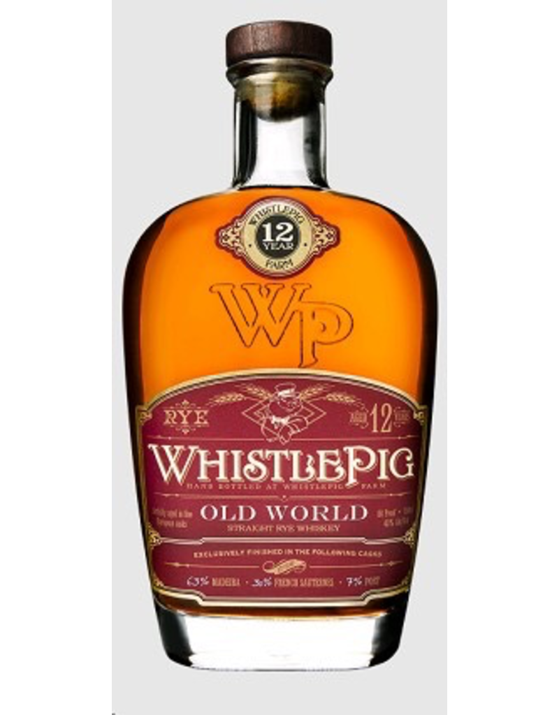 The image shows a bottle of WhistlePig Old World 12-year aged straight rye whiskey against a grey background.