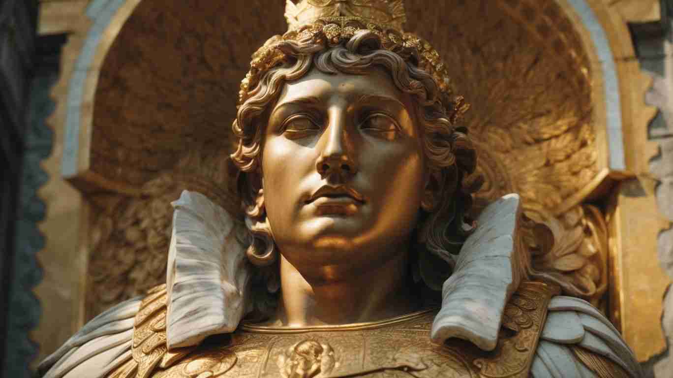 A close-up of a golden statue featuring a detailed bust of a figure with wavy hair, ornate armor, and a crown.