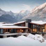 A modern luxury home nestled in a snowy mountain landscape at dusk.