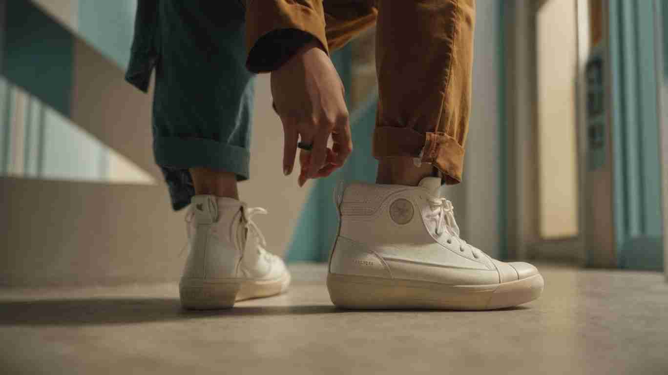 A person is tying the laces of their white high-top sneakers in a hallway with teal walls.