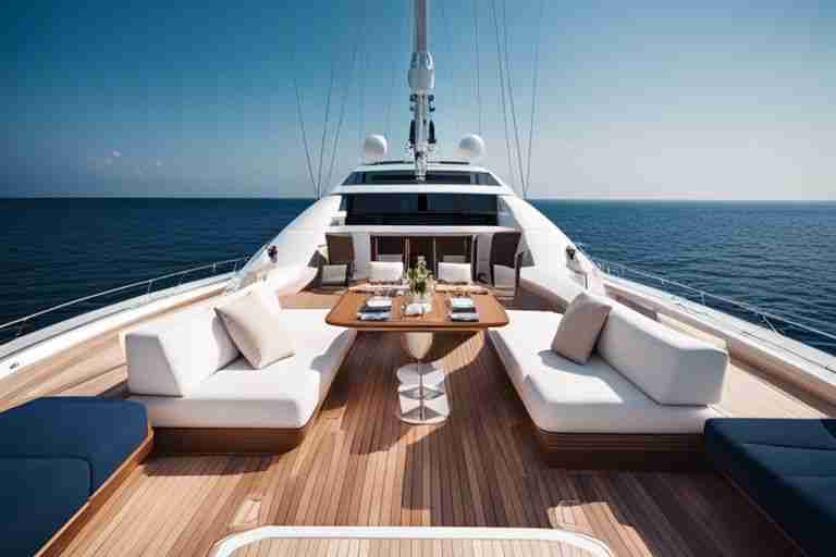 A luxurious yacht deck with comfortable seating around a wooden table under clear blue skies.
