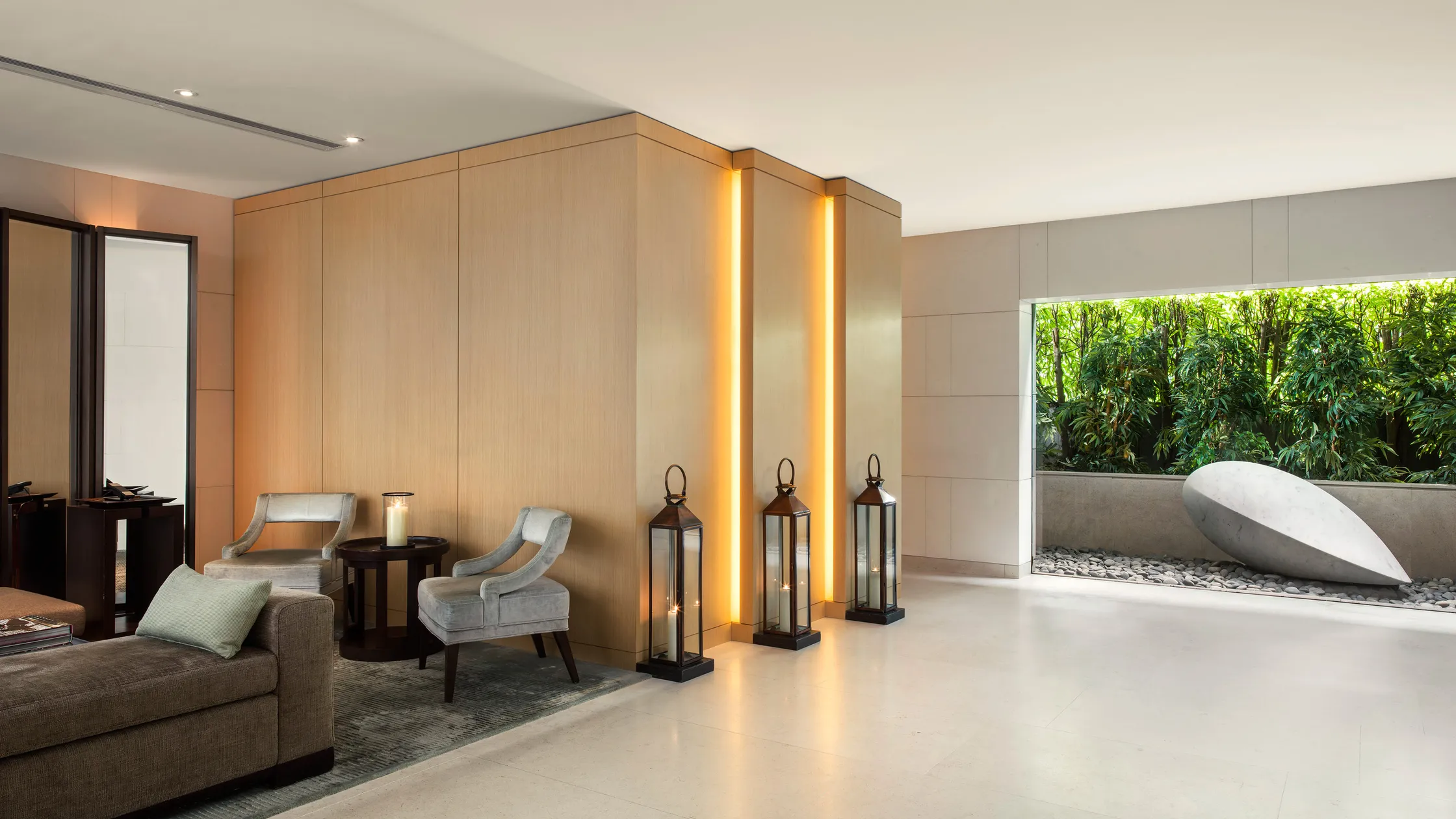 Upper House Hong Kong minimalist interior with lanterns, artwork and garden sculpture, above Pacific Place in Admiralty