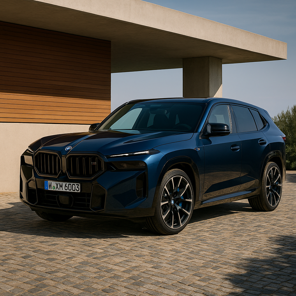 BMW XM plug-in hybrid SUV parked in front of modern architecture under dramatic sky.