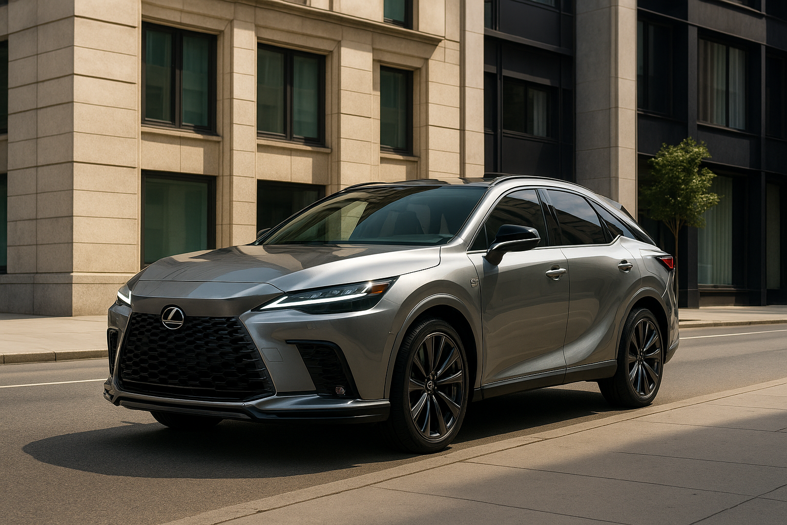 Lexus RX 500h hybrid SUV in metallic silver parked near modern city architecture during sunset.