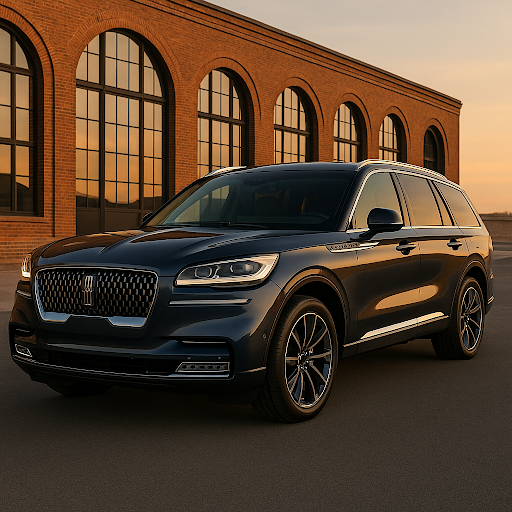Lincoln Aviator Grand Touring hybrid SUV beside a quiet road with soft sunrise glow and modern home in background