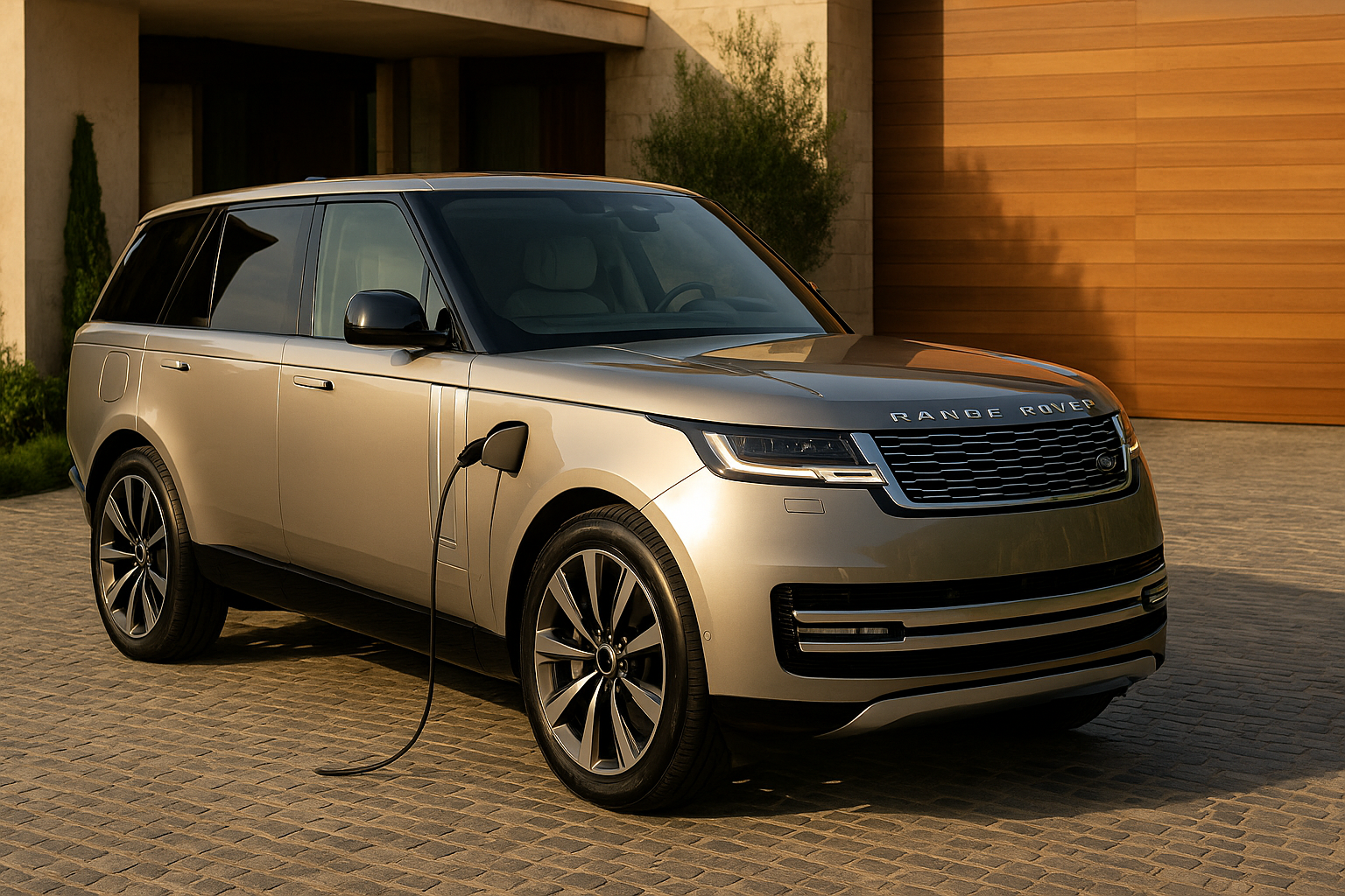 Luxury Range Rover Autobiography plug-in hybrid SUV in front of mountains during sunset.