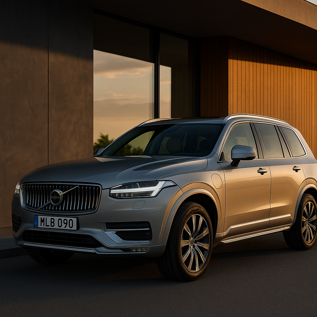 Luxury Volvo XC90 plug-in hybrid SUV parked beside a minimalist modern building at sunset.