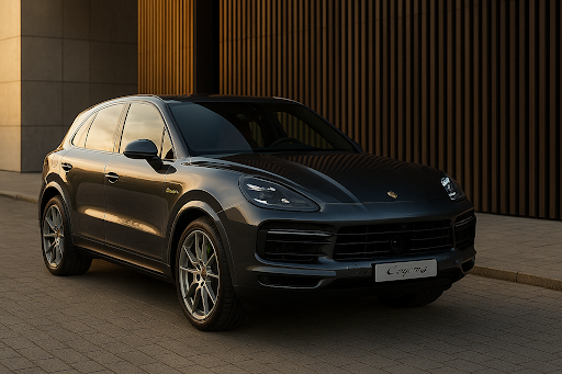 Porsche Cayenne E-Hybrid plug-in hybrid SUV driving near ocean cliffs at sunset.