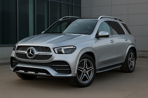 Silver Mercedes-Benz GLE 450e plug-in hybrid SUV in urban setting with sleek building backdrop.