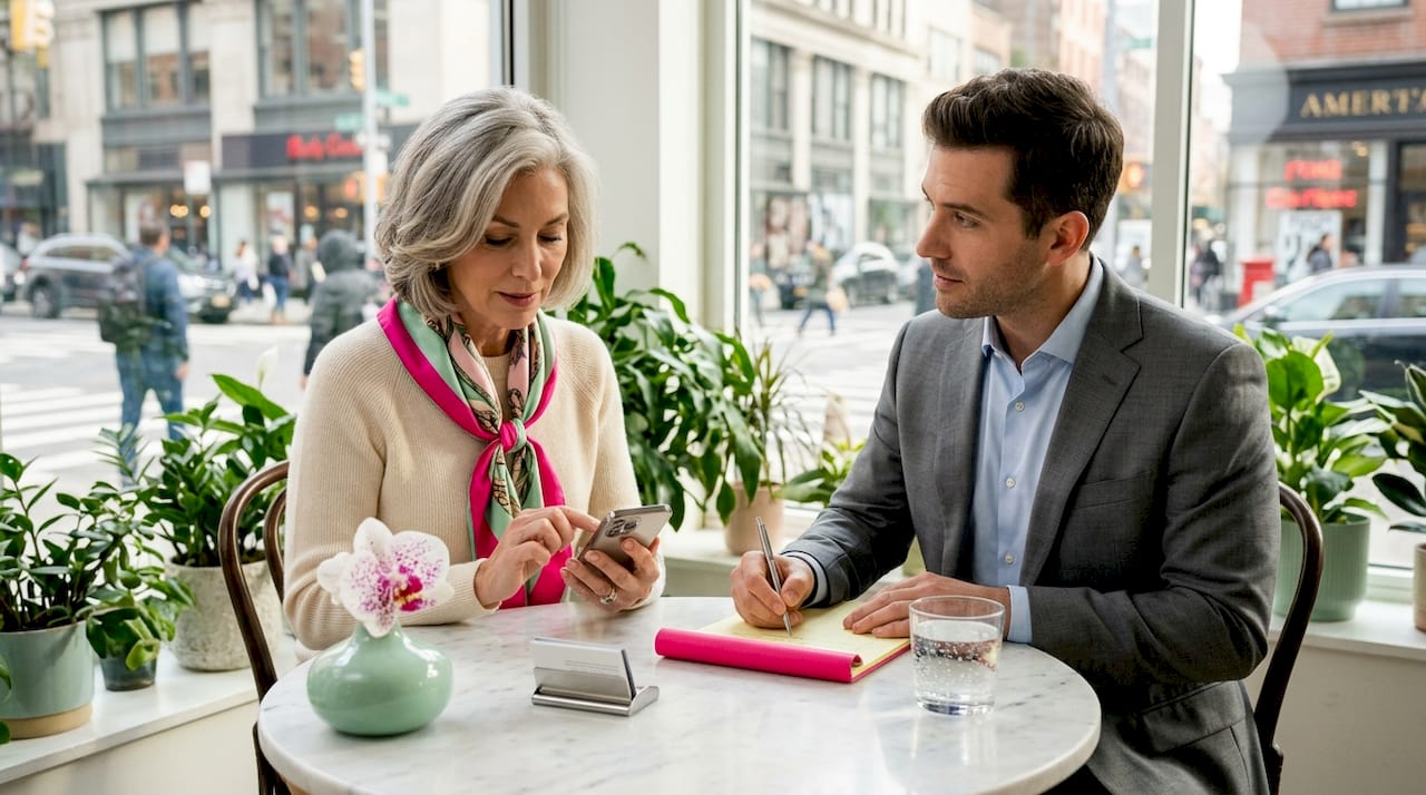 Luxury client meeting concierge in bright office