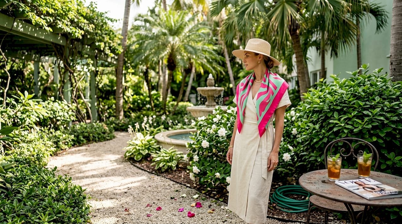 Guest strolling through lush hotel courtyard