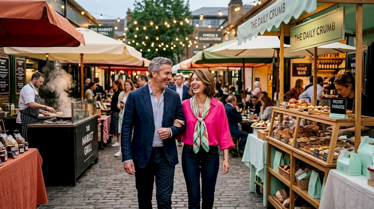 Couple walking by luxury restaurant patios