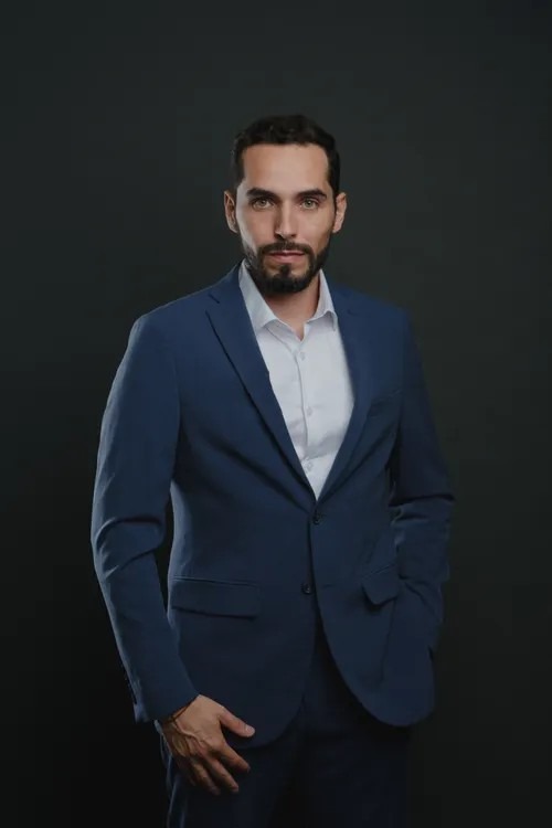 Executive portrait of a Los Angeles businessman in a tailored blue suit
