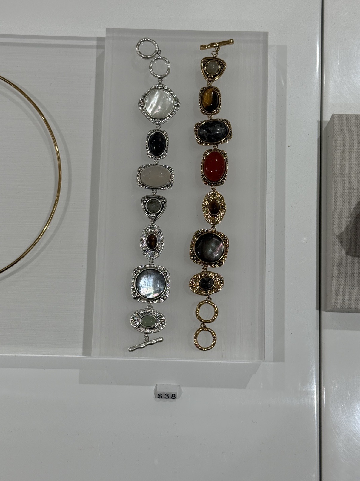 Stacked stone bracelets by en route, $38